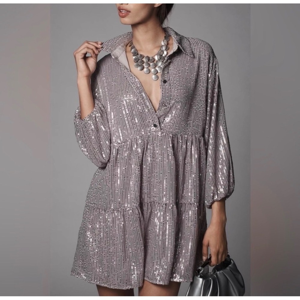 Maeve Sequin Bettina Babydoll Tiered Mini Shirtdress Button Up Size M